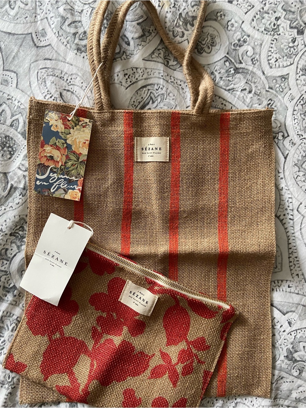 Sezane Natural Jute Pouch with Red Floral Print and Large Flat Jute Pouch